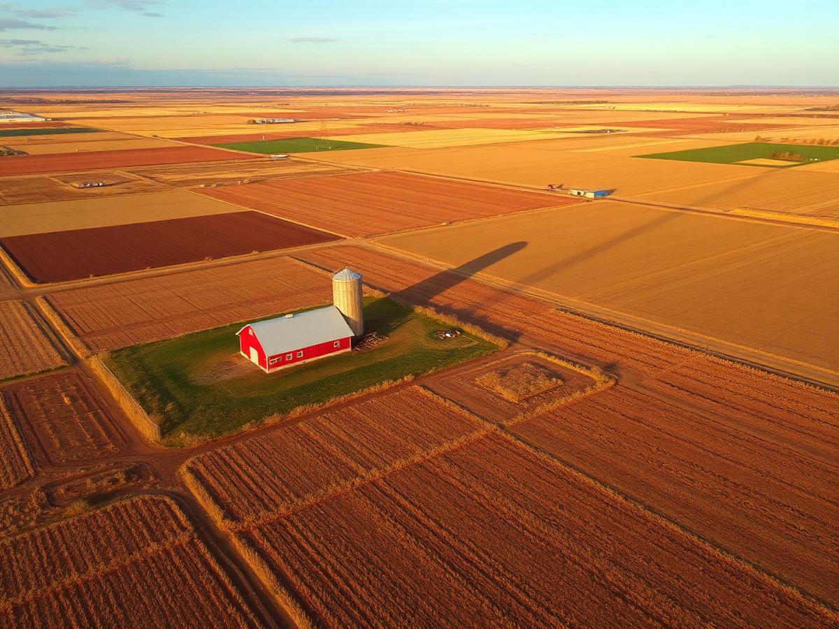 Aerial view of a red barn among patchwork plains farmland