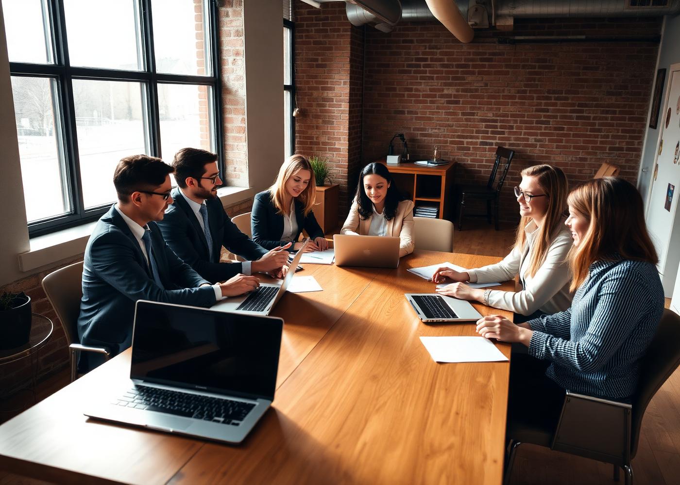 Team meeting around a wooden table in a brick office
